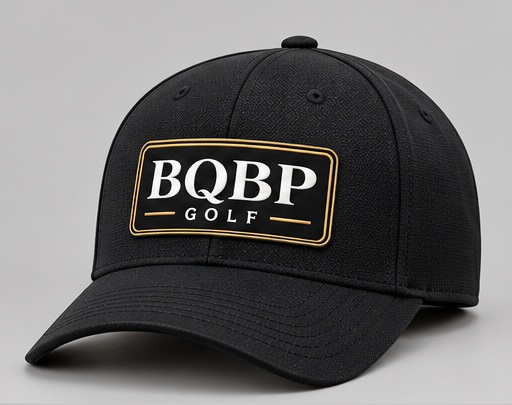 Black Patch Cap design preview with black, white and gold rectangular BQBP Golf logo