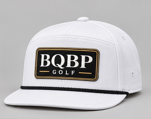 White Rope Patch Cap design preview with black, white and gold rectangular BQBP Golf logo