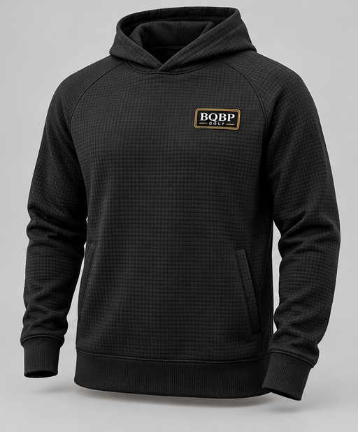 Black Patch Hoodie design preview with black, white and gold rectangular BQBP Golf logo